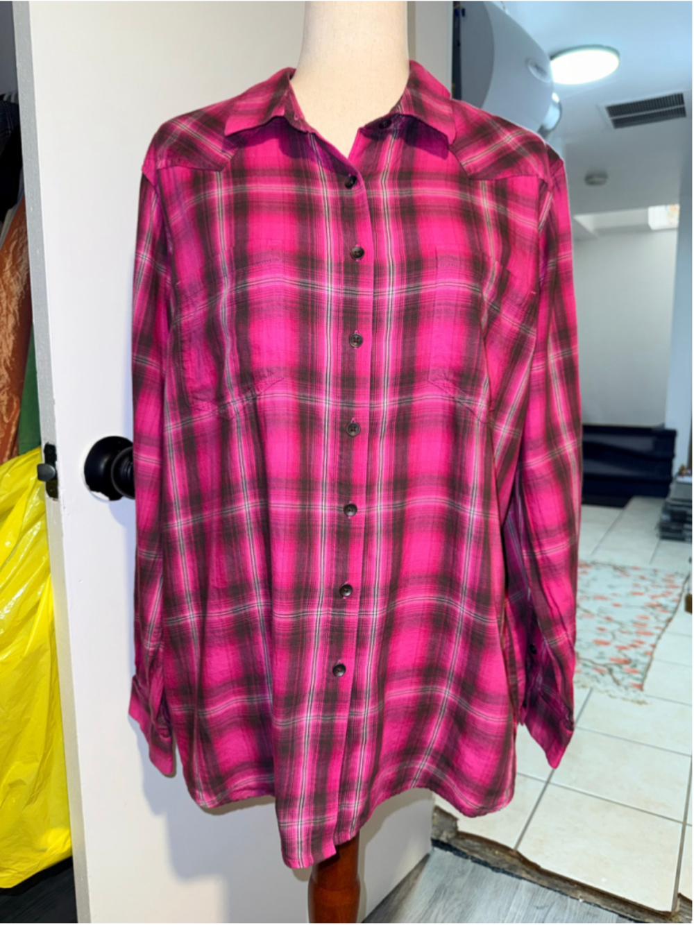 Ariat Pink & Brown Plaid Western Shirt Pointed Yoke Long Sleeve size XL